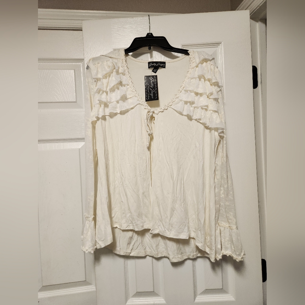 Gretty Zueger Ruffled Tie Front Light Cardigan NWT Cream/Off White